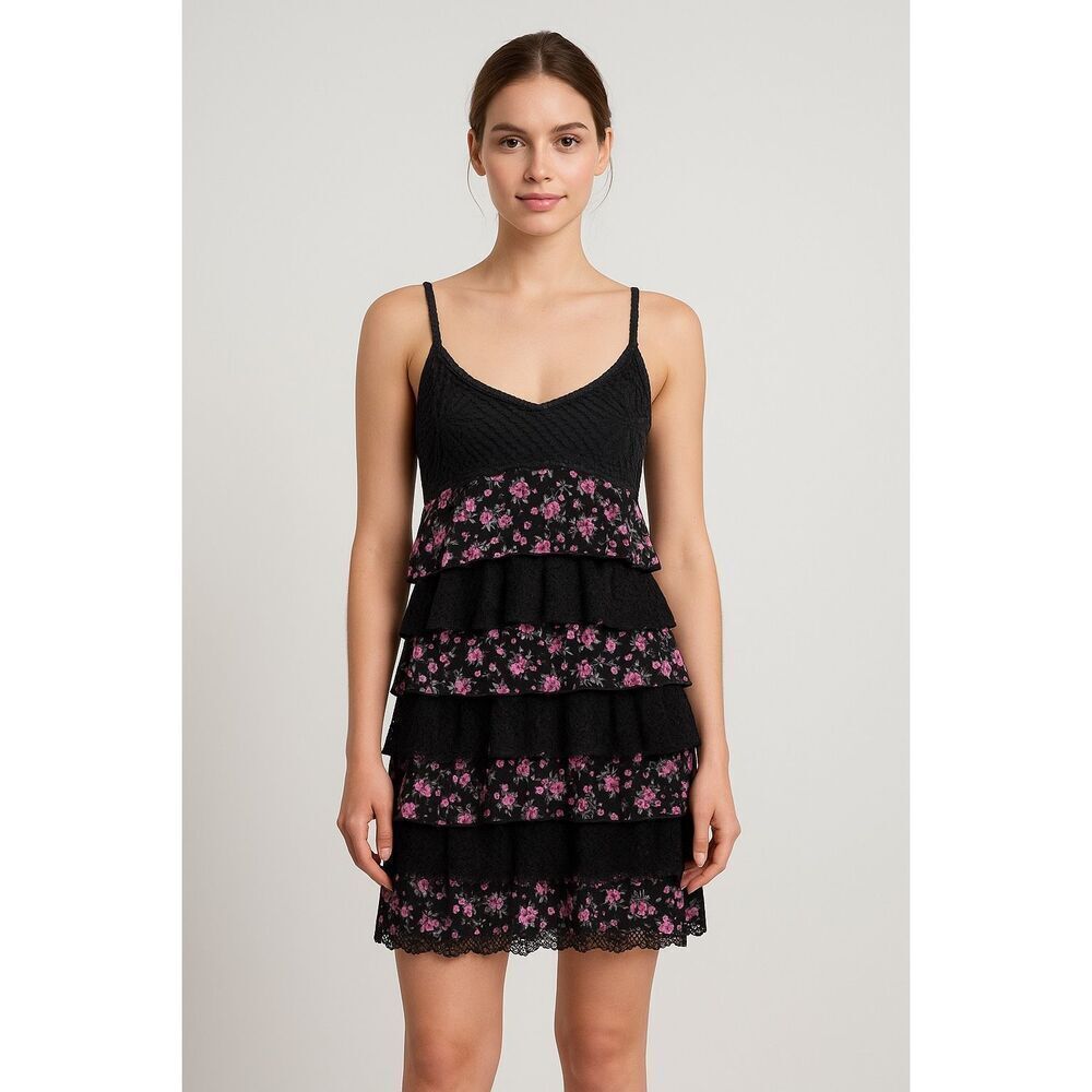 Interi Black spaghetti strap Sleeveless Lace Floral Mini layered fringe Dress L - Picture 11 of 11